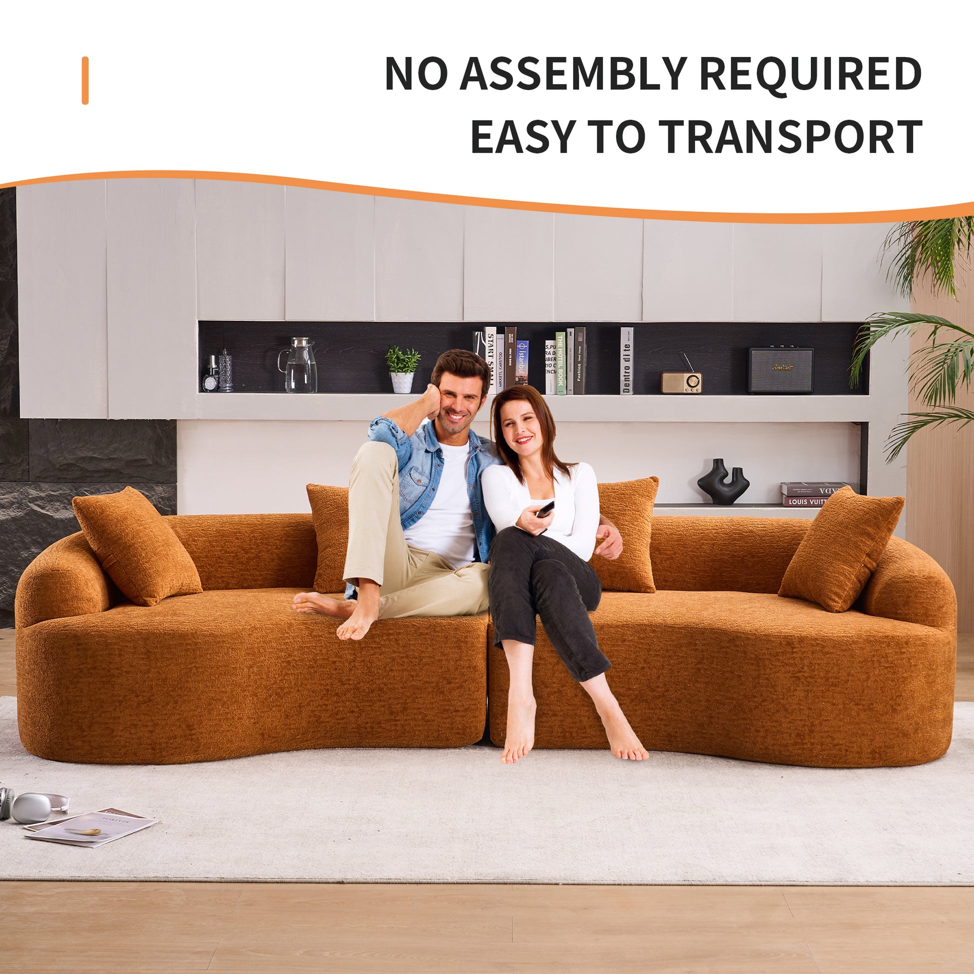 Compression Sponge Sofa Orange Curved Modular Sectional, 30D High-Density Chenille Sleeper Couch for Apartment, Living Room,110"L image 2
