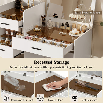 3-in-1 Vanity Desk with Flip Top Mirror, Glass Top Compact Makeup Vanity & Hidden Storage, Vanity Table with 3 Drawers and Cabinet, Space-Saving Dressing Tablefor Bedroom, White image 4