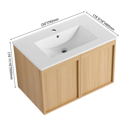 30" Floating Bathroom Vanity with Sink, Wall-Mounted Modern Light Oak Cabinet, Thin Edge Ceramic Basin, Soft-Close Doors, Spacious Storage, Easy Installation image 12