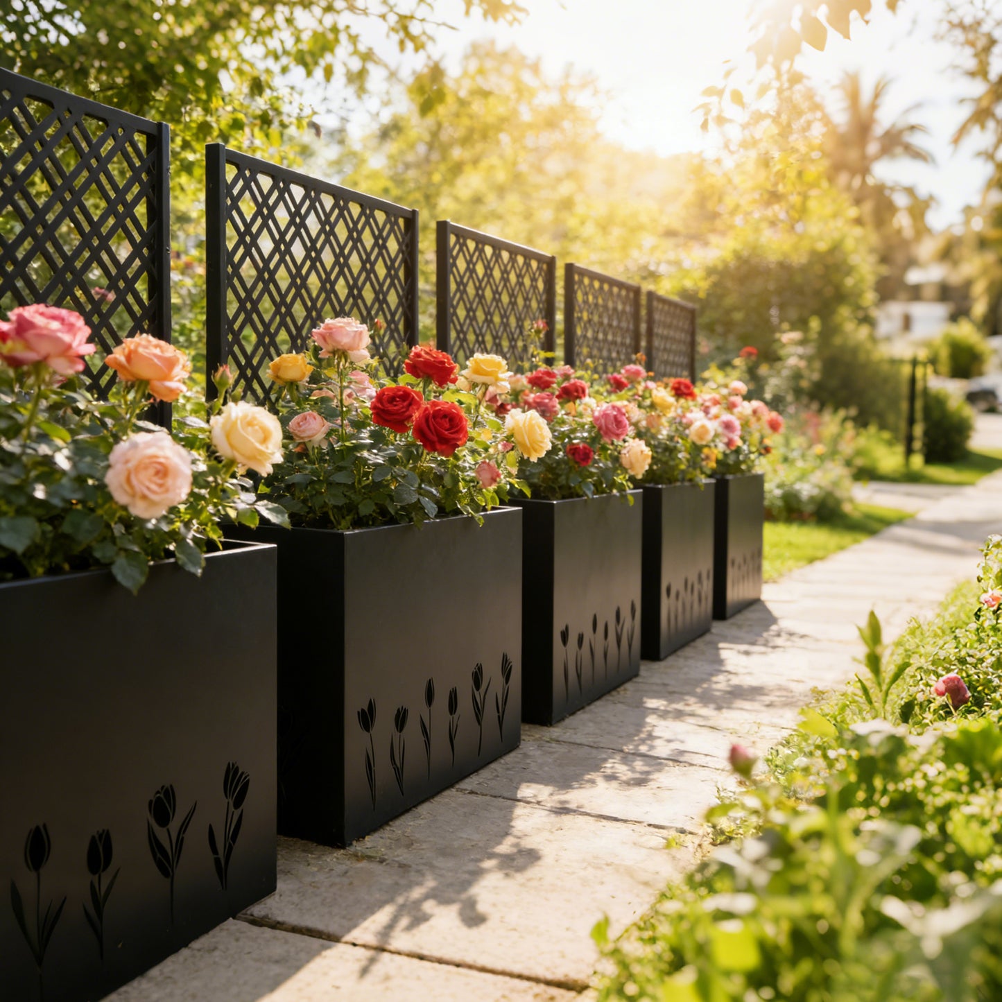 Tall Metal Planter Raised Garden Bed with Trellis 35.5in L x 11.9in W x 47.3in H - Large Flower Box Privacy Screen for Porch, Patio, Garden, Commercial Décor, Tulip Black image 7