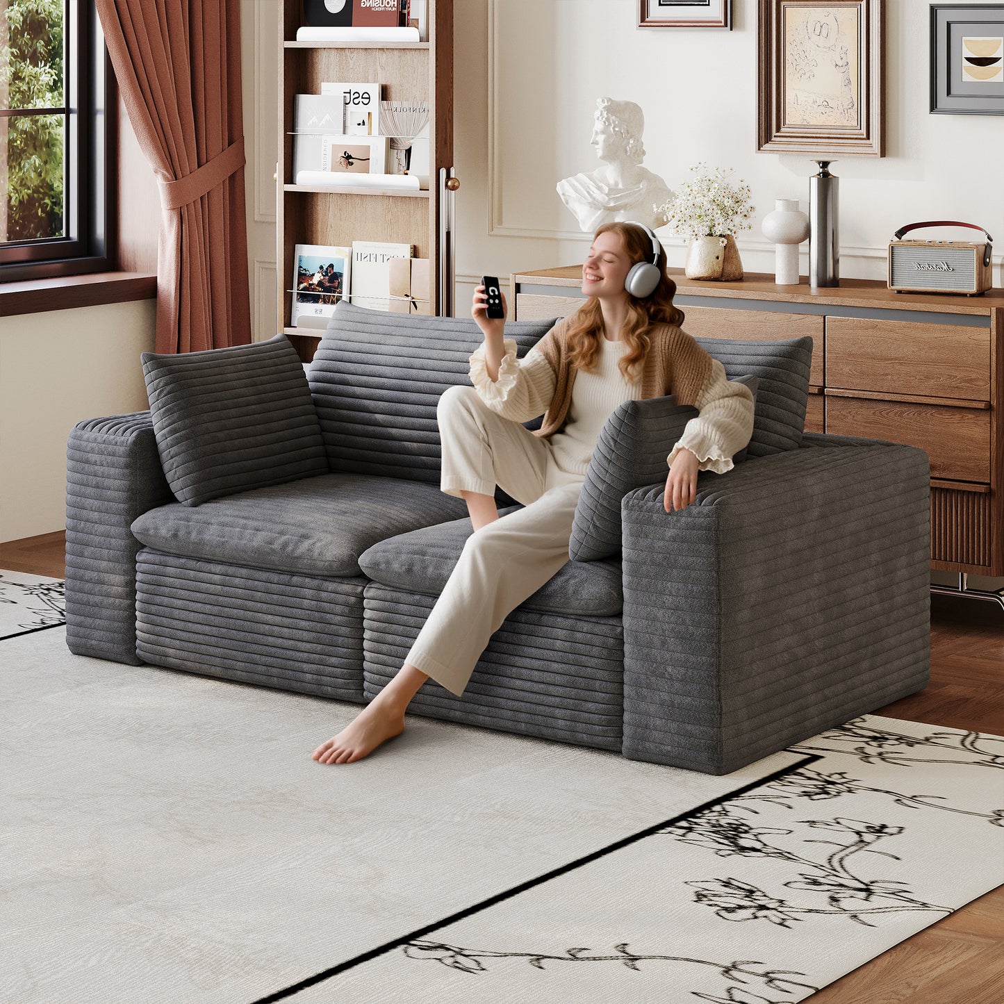 71" Cloud Sofa,Corduroy Fabric,Deep Seat Couches,Double-layer design,Removable Cushion,No Assembly, DIY Combination for Living room, Bedroom,Conference room,Apartment,Dark Grey image 3