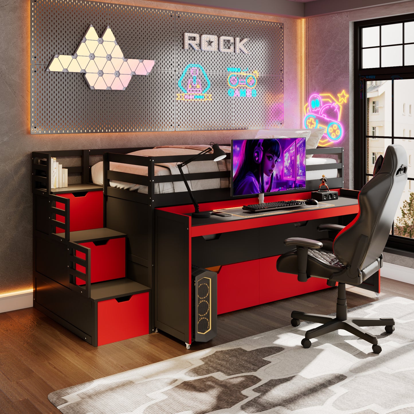 Twin XL Loft Bed with Pull-Out Desk and Twin Trundle, Multi-Functional Bunk Bed with 2 Storage Drawers and Storage Steps, Space-Saving Gaming & Workstation Bedframe, Black+Red image 6