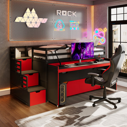 Twin XL Loft Bed with Pull-Out Desk and Twin Trundle, Multi-Functional Bunk Bed with 2 Storage Drawers and Storage Steps, Space-Saving Gaming & Workstation Bedframe, Black+Red image 6