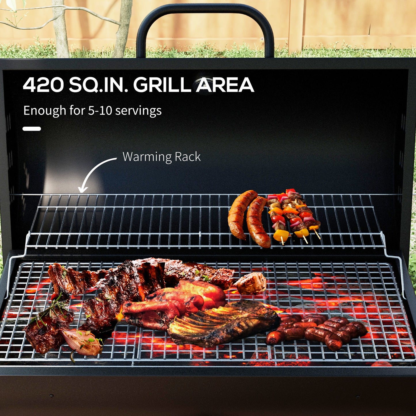 Outsunny Barrel Charcoal BBQ Grill with 420 sq.in. Cooking Area, Outdoor Barbecue with Wheels, Ash Catcher and Built-in Thermometer for Patio Picnic, Backyard Party, Black image 4
