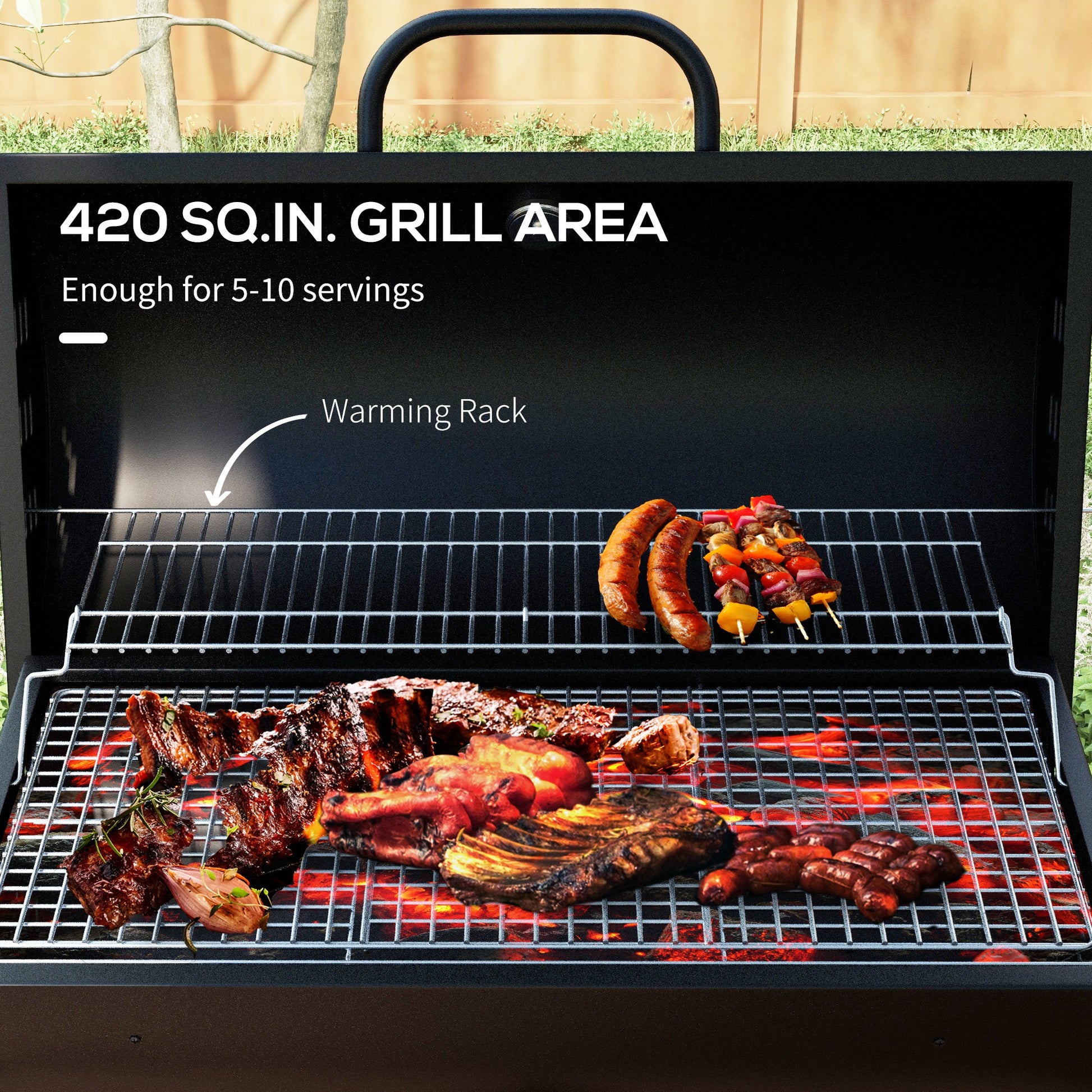 Outsunny Barrel Charcoal BBQ Grill with 420 sq.in. Cooking Area, Outdoor Barbecue with Wheels, Ash Catcher and Built-in Thermometer for Patio Picnic, Backyard Party, Black image 4