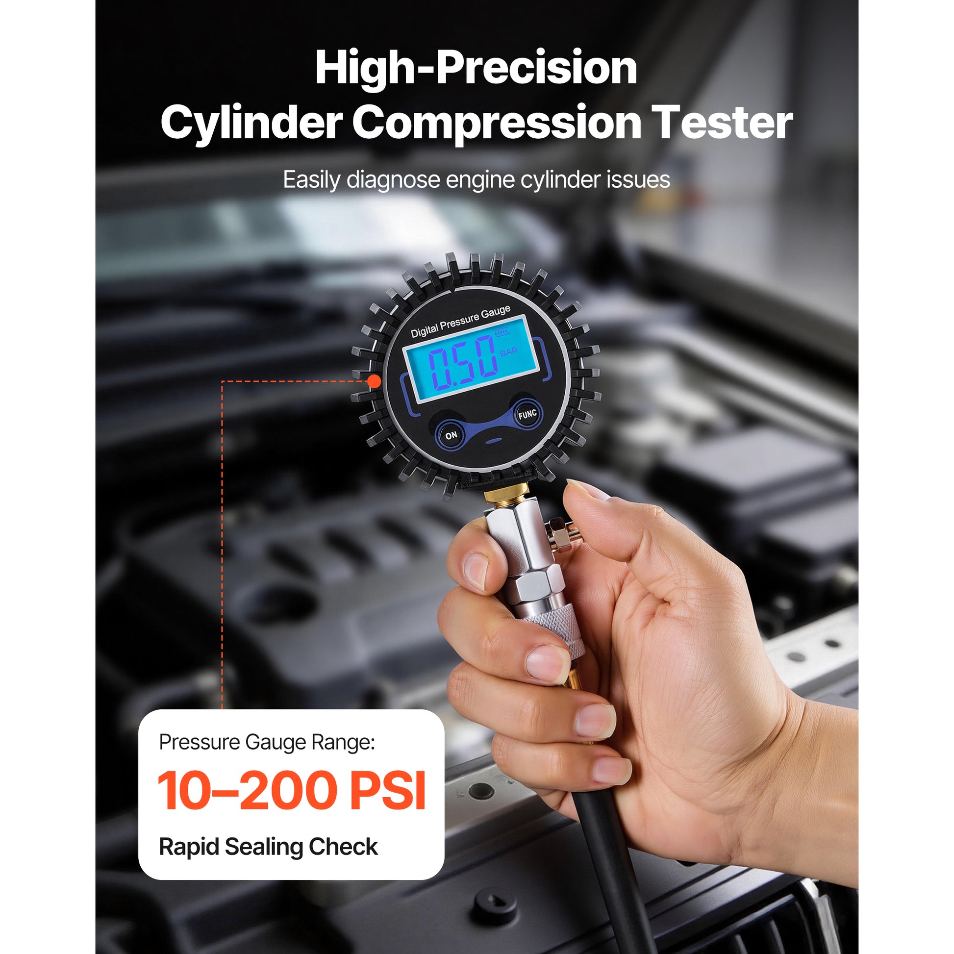 Engine Cylinder Compression Tester Kit, Pressure Gauge Range of 10-200 PSI, Compression Tester Kit with 4 Adapters, Straight & Angled Extended Metal Tubes for Automotive Cars and Motorcycles image 9