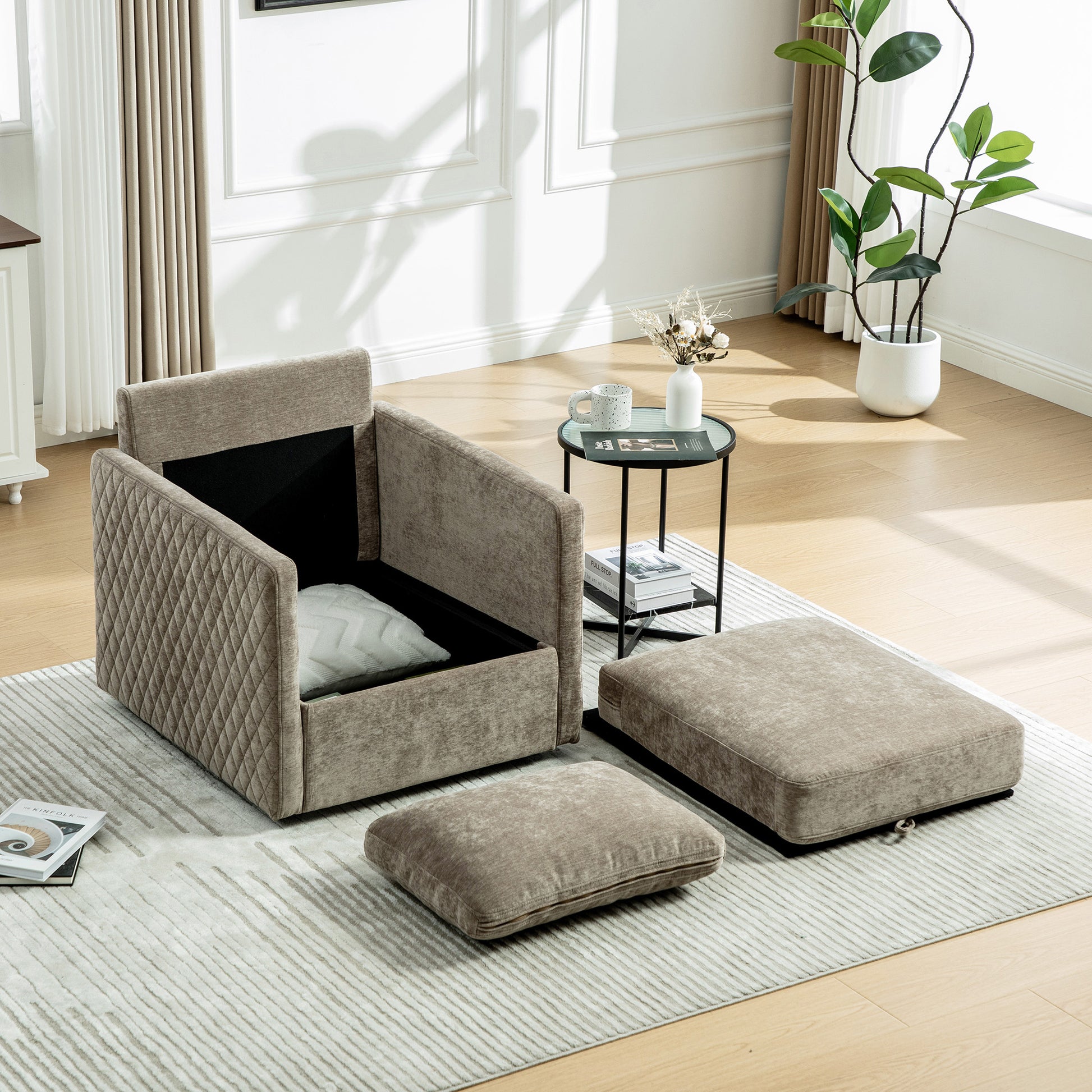 29.5''W Upholstered 360° Swivel Armchair with Hidden Storage, Comfy Diamond-Shape Tufted Armrests Accent Square Club Chair Single Sofa with Pillow for Living Room, Bedroom,Reading Nook,Corner, Taupe image 6
