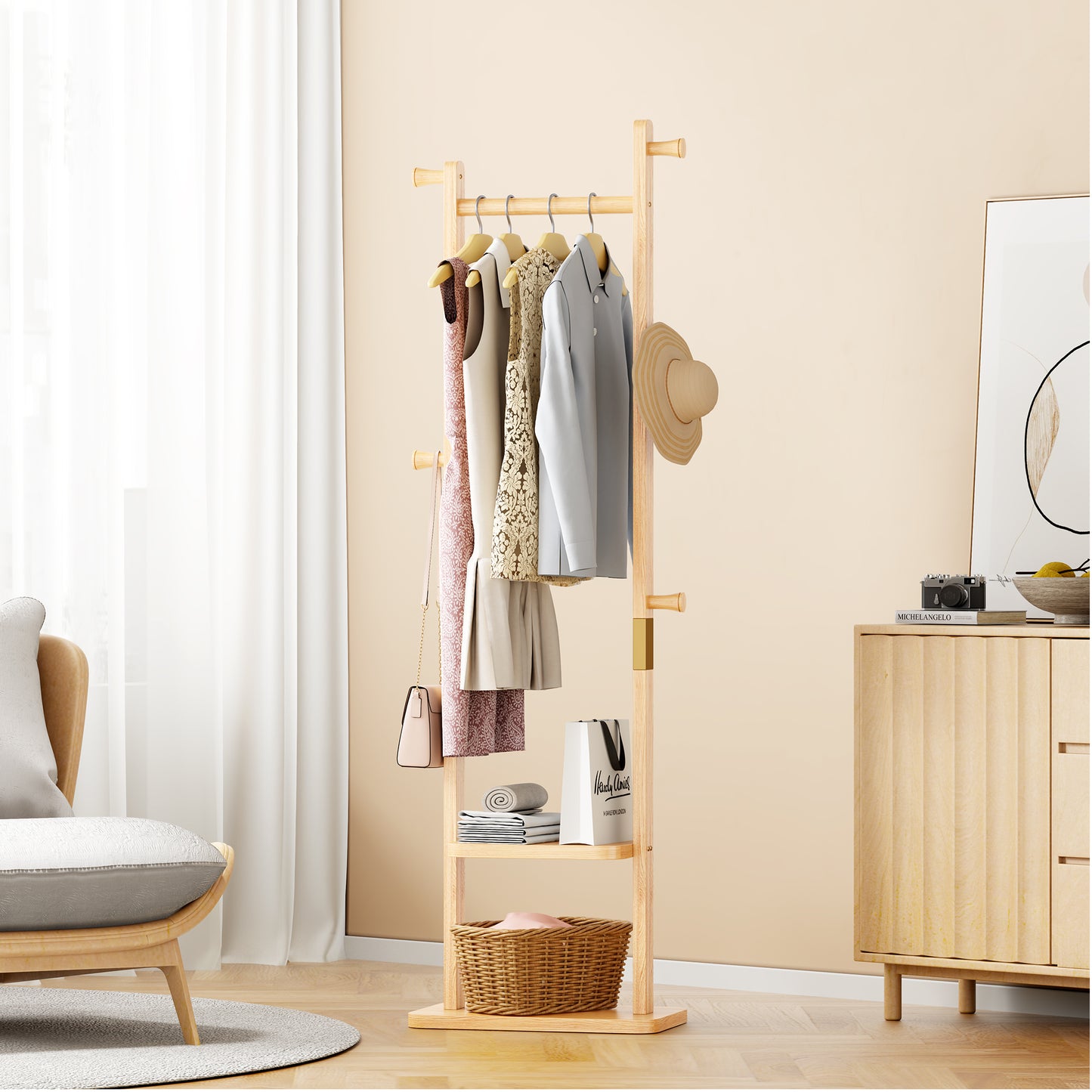 Coat Racks solid wood hanger 18.9* 11.8*71in Solid environmental protection easy to assemble beautiful can be placed in the bedroom/entrance/living room (wood color) image 4