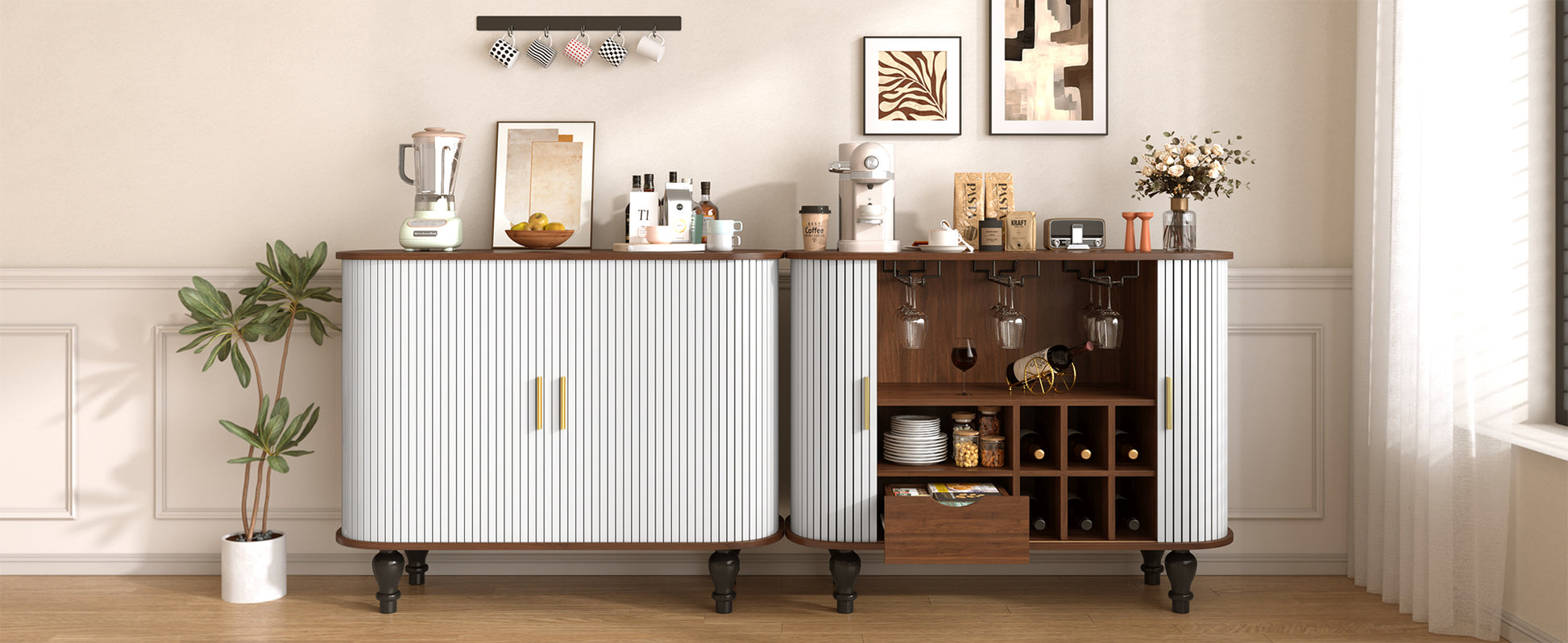 39" Fluted Liquor & Coffee Bar Cabinet with 6 Wine Racks and 3 Glass Holders, Mid-Century Modern Bar Cabinet with A Large Storage Drawer,4 Hidden Storage Space on the Side, White image 9