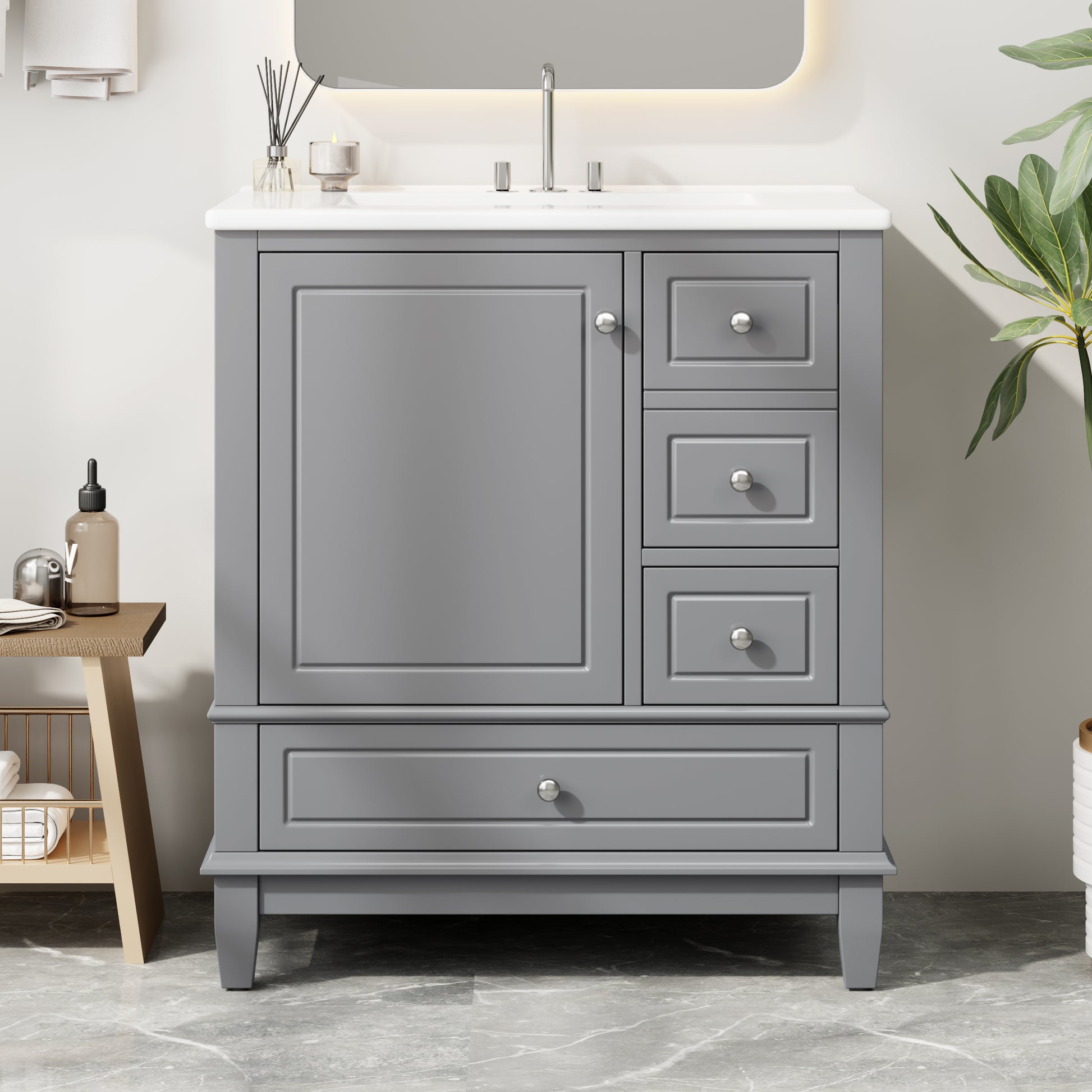 30" Bathroom Vanity with Sink, One Door with Shelf and Three Drawers, Soft Close Door, Grey image 4