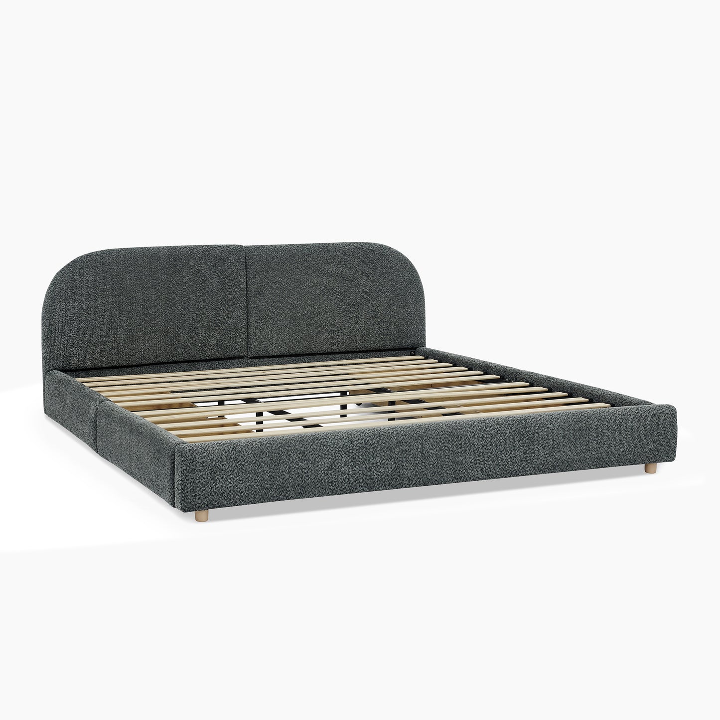 King Size Upholstered Bed Frame Modern Minimalist Style - Circle Yarn Fabric, Tall Curved Headboard, Sturdy Leg Support & Wheeled Drawer Storage, Mattress Not Included - Dark Gray image 9