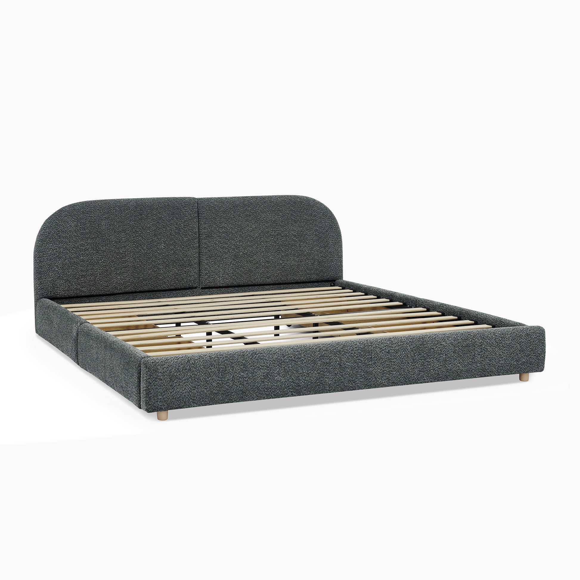 King Size Upholstered Bed Frame Modern Minimalist Style - Circle Yarn Fabric, Tall Curved Headboard, Sturdy Leg Support & Wheeled Drawer Storage, Mattress Not Included - Dark Gray image 9