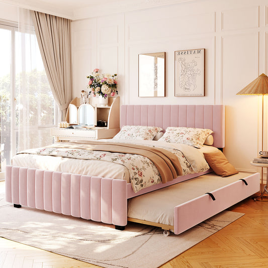 Queen Size Velvet Upholstered Platform Bed with Twin XL Size Trundle, Pink image 1