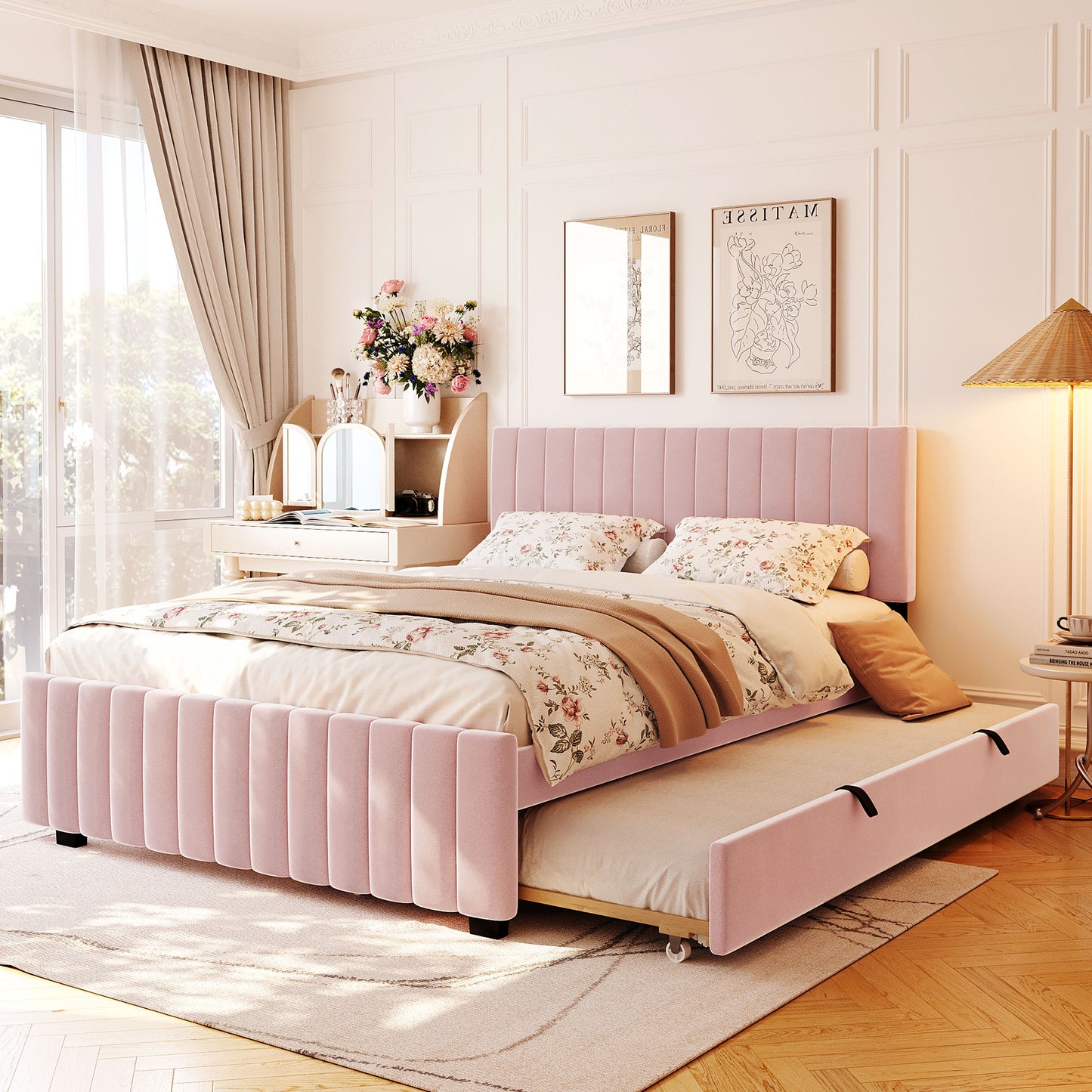 Queen Size Velvet Upholstered Platform Bed with Twin XL Size Trundle, Pink image 1