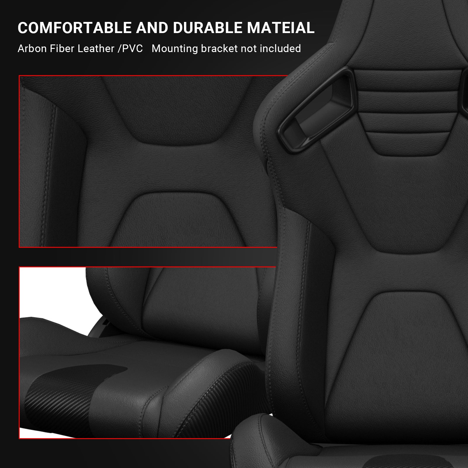 2PC New Universal Bucket Racing Seats Black Stitch Black PVC Leather Reclinable Carbon Look Leather Back With Adjustor Slider(Not Including Seat Bracket) 1 box of 2 pieces image 9