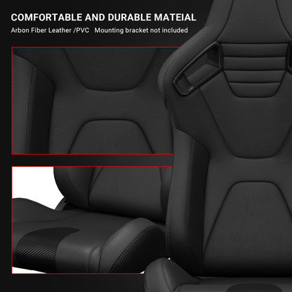 2PC New Universal Bucket Racing Seats Black Stitch Black PVC Leather Reclinable Carbon Look Leather Back With Adjustor Slider(Not Including Seat Bracket) 1 box of 2 pieces image 9