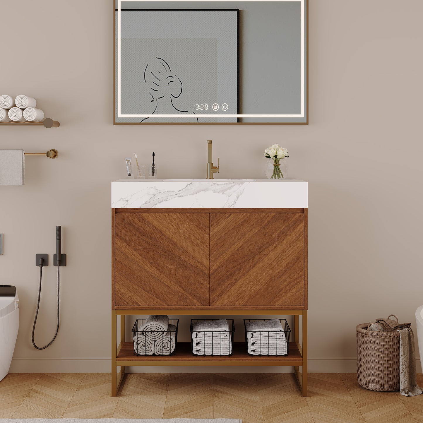 29.9" Modern Free-standing Bathroom Vanity with Ceramic Sink – Brown Oak, Soft-Close image 2