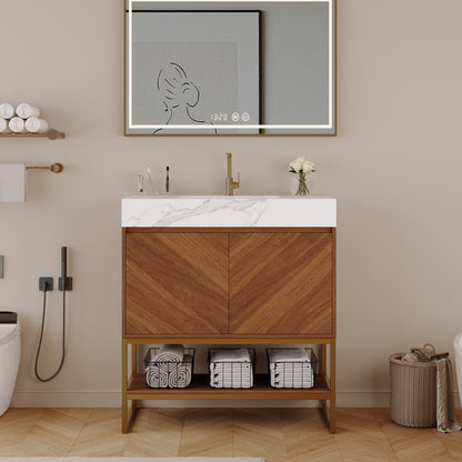 29.9" Modern Free-standing Bathroom Vanity with Ceramic Sink – Brown Oak, Soft-Close image 2