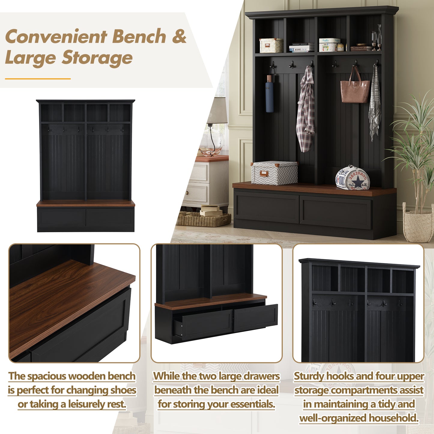 Farmhouse 4-in-1 Hall Tree with Wood Grain Bench, Mudroom Versatile Coat Rack with 2 Large Drawer, Entrance Organizer for Hallway, Living Room, Black, 55.9"W (OLD SKU: N721P313099B) image 5