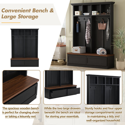 Farmhouse 4-in-1 Hall Tree with Wood Grain Bench, Mudroom Versatile Coat Rack with 2 Large Drawer, Entrance Organizer for Hallway, Living Room, Black, 55.9"W (OLD SKU: N721P313099B) image 5