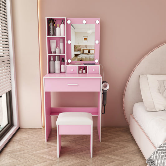 Vanity Table with Mirror & Adjustable LED Lights, Power Outlet, Hairdryer Holder & Stool – Compact Dressing Desk for Small Bedrooms (Pink) image 1
