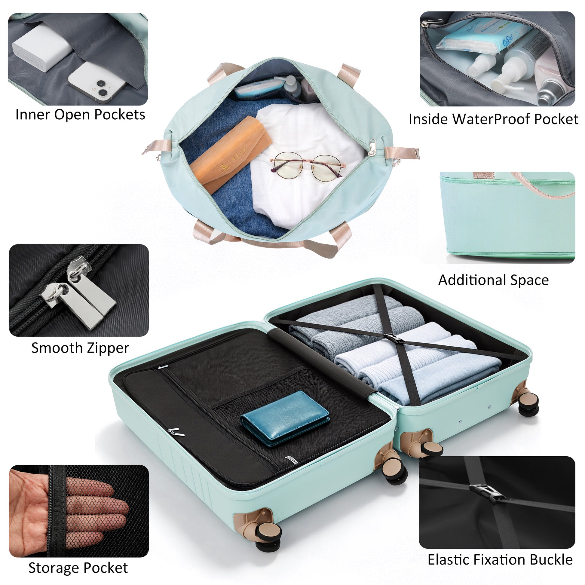 4-Piece Luggage Set with USB Charging Ports - 20in Carry-On (Front-Opening for Laptop) 28in Checked Suitcase with TSA Lock Travel Duffel Bag Wet-Dry Toiletry Bag, grey green image 5