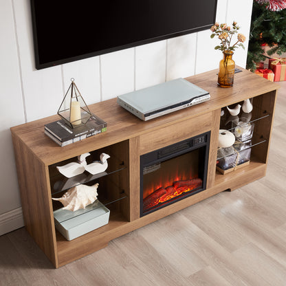 TV Stand Electric Fireplace TV Stand with Glass Shelves, 3D Fireplace TV Stand with LED Lights Wood with USB Charging Outlet Modern Television Table Center for TV up to 32-62" OAK 58'W*15.4''D*24.6 image 7