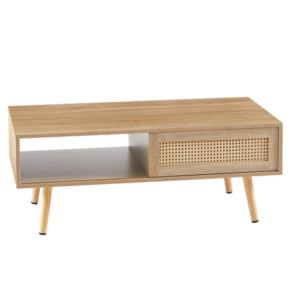 41.34" Rattan Coffee table, sliding door for storage, solid wood legs, Modern table for living room, natural image 9