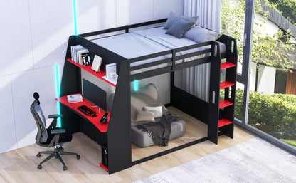 Full Size Wooden Gaming Bunk Bed with Desk,Two Storage Shelves,USB and LED Light image 5