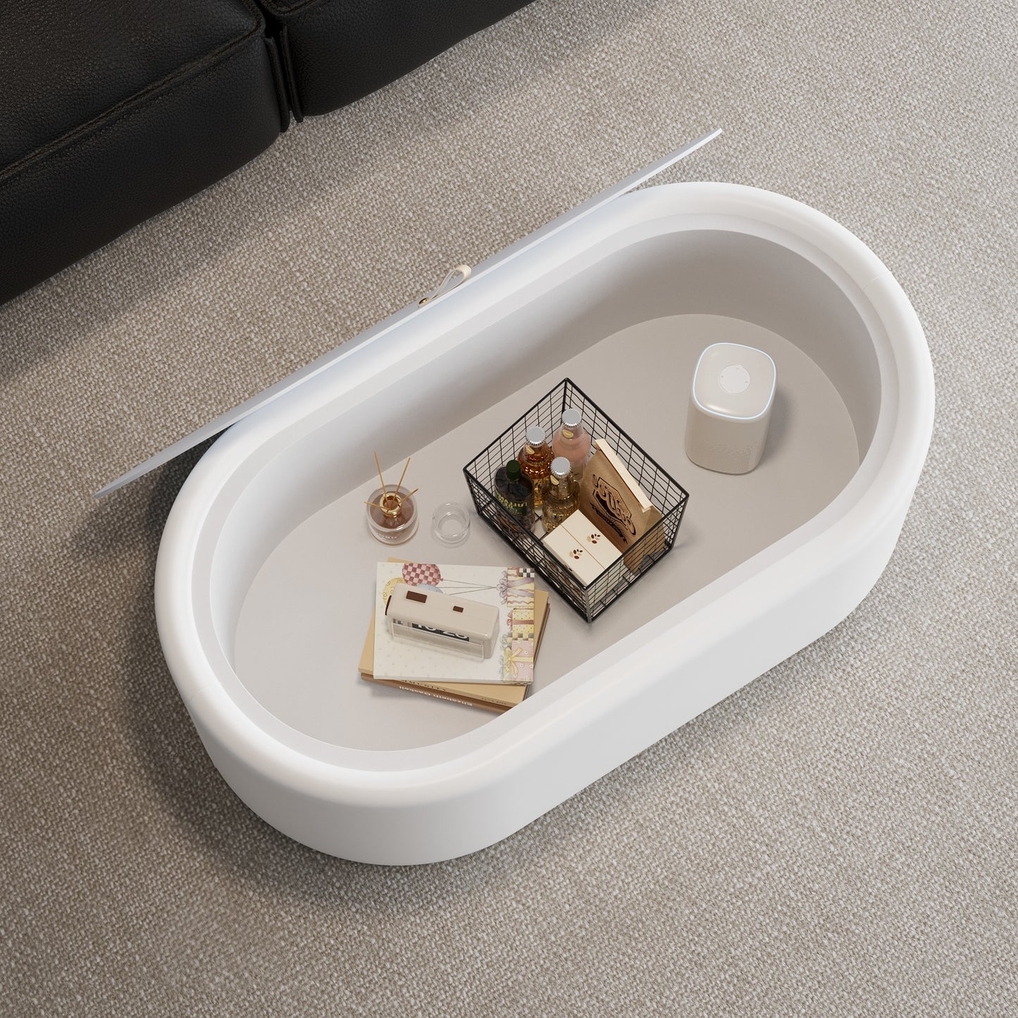 33.46" Oval Hidden Storage Coffee Table - 3C Certified Tempered Glass Top & Premium Leather Upholstered, Modern White Storage Coffee Table for Living Room image 4