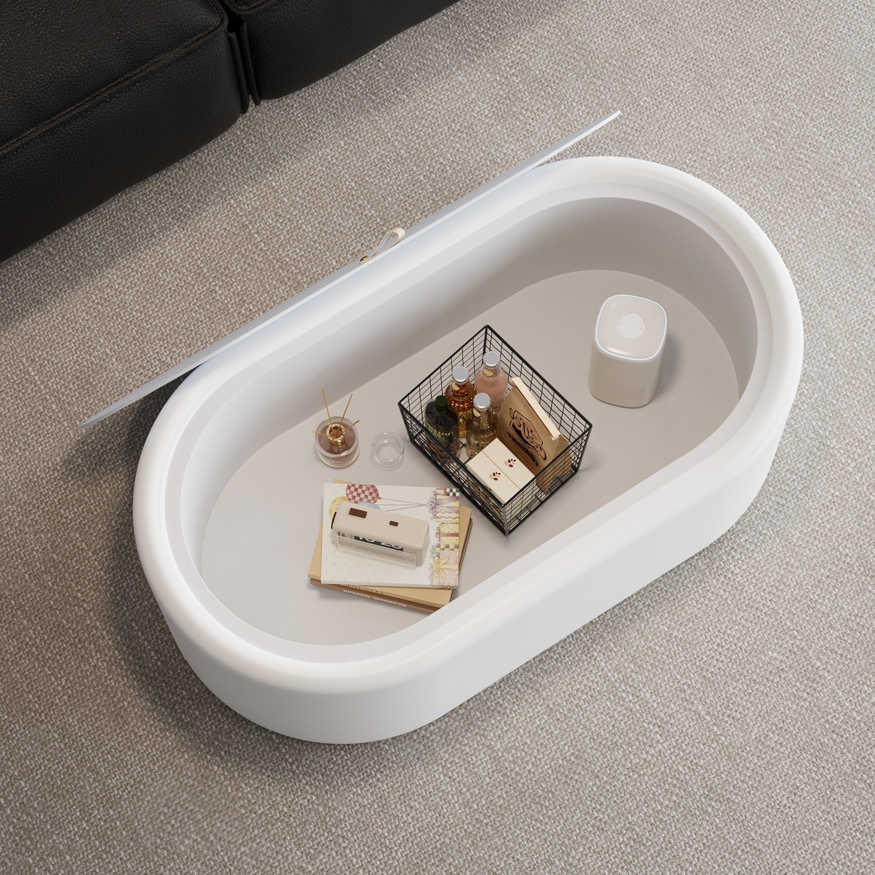 33.46" Oval Hidden Storage Coffee Table - 3C Certified Tempered Glass Top & Premium Leather Upholstered, Modern White Storage Coffee Table for Living Room image 4