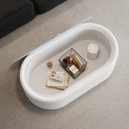 33.46" Oval Hidden Storage Coffee Table - 3C Certified Tempered Glass Top & Premium Leather Upholstered, Modern White Storage Coffee Table for Living Room image 4