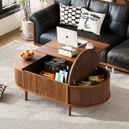 U-Can Minimalist Oval Lift-Top Coffee Table with Hidden Storage and Wood Wave Grain Finish image 1