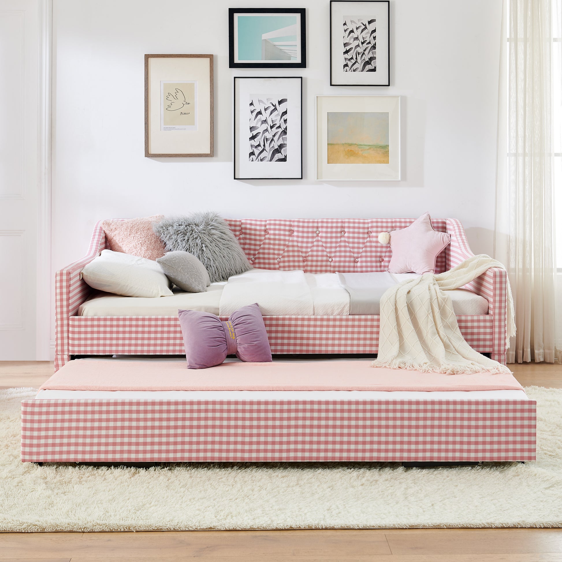 Full‑Size Daybed,Upholstered Convertible Daybed with Tufted Button Backrest, 3‑in‑1 Versatile Sofa Bed with Pull‑Out Trundle & Side Storage, Perfect for Compact Living-Pink image 6
