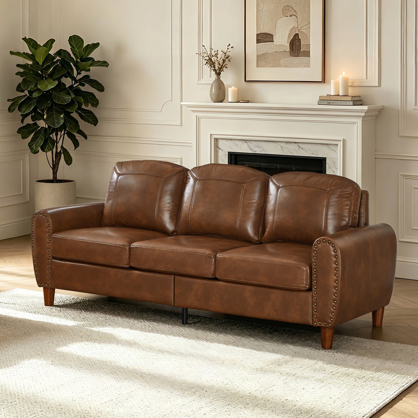 81.5" Classic Living Room Sofa Faux Leather Couch,Rolled Arm Sofa with Nails,Solid Wood Legs,Upholstered Breathable PU Leather Brown. image 2