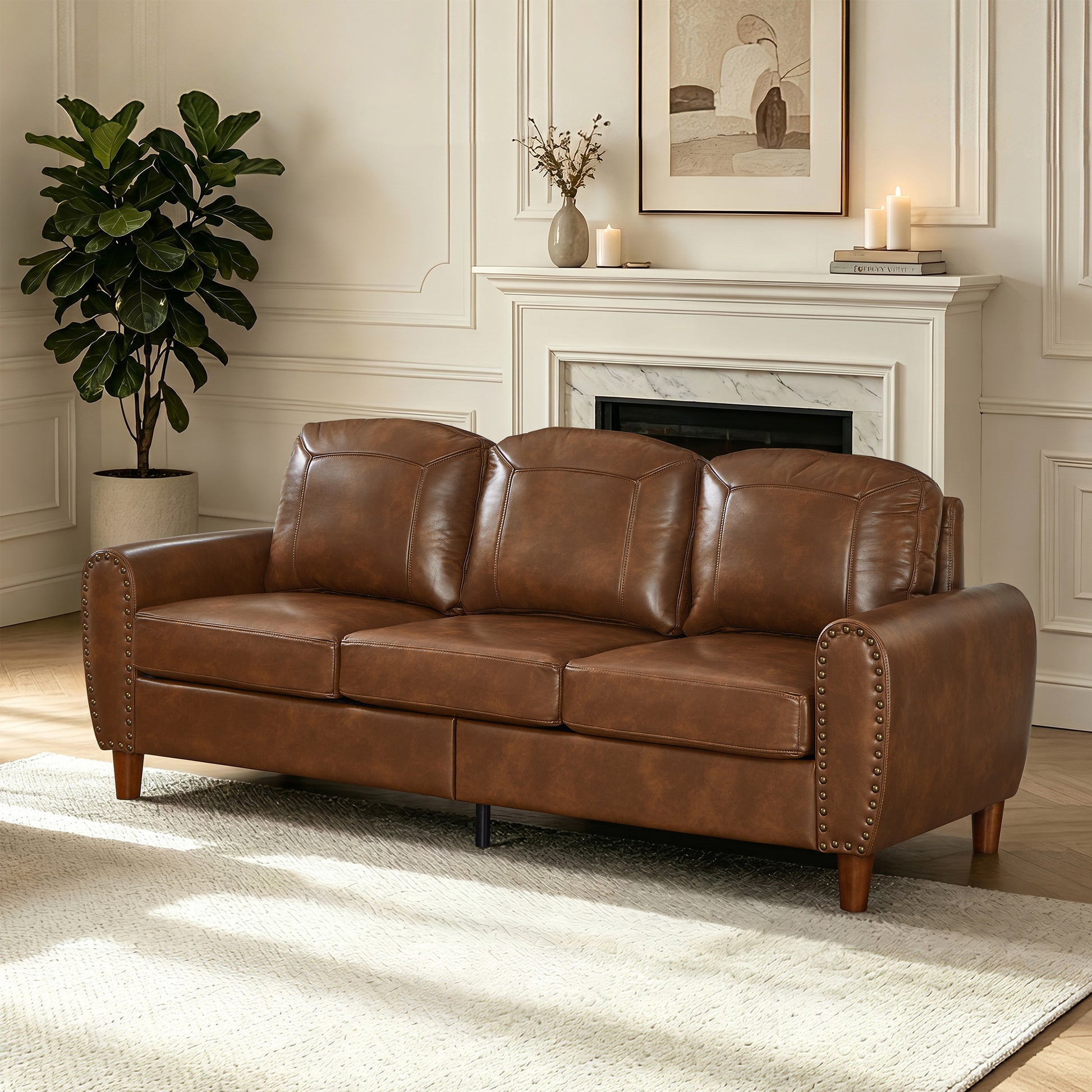 81.5" Classic Living Room Sofa Faux Leather Couch,Rolled Arm Sofa with Nails,Solid Wood Legs,Upholstered Breathable PU Leather Brown. image 2