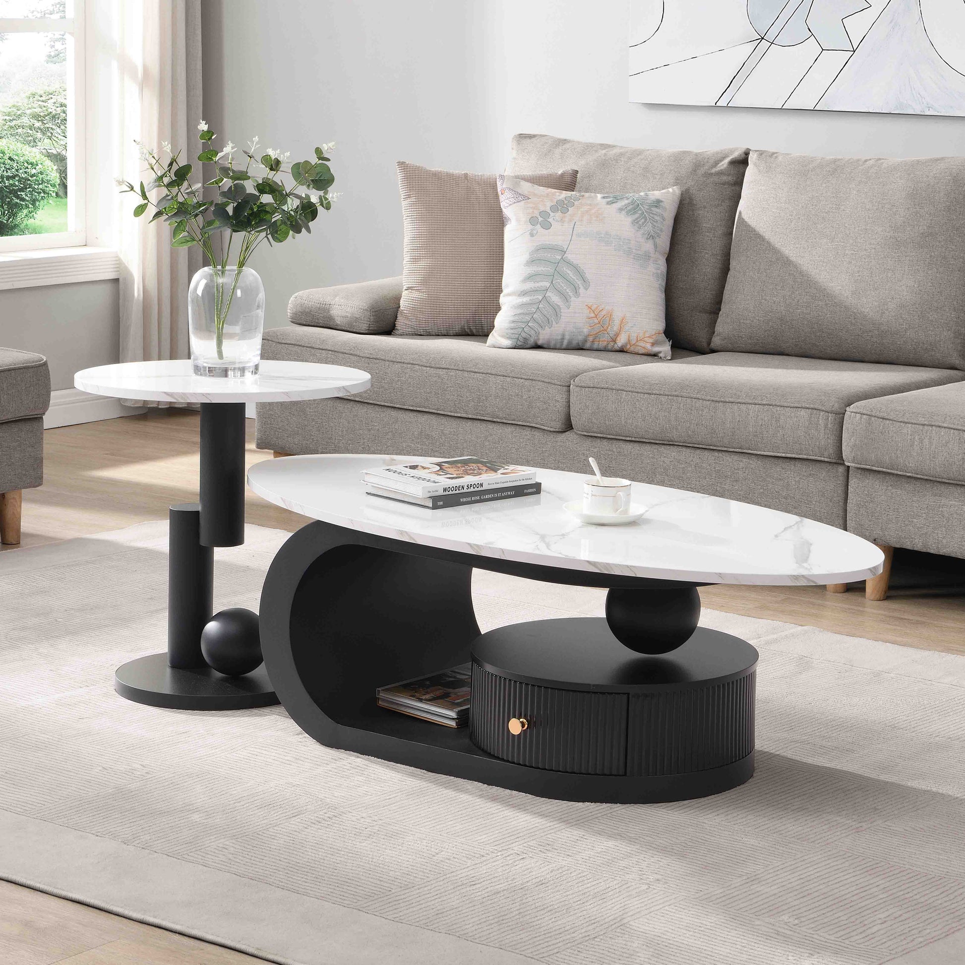 Modern Nesting Coffee Table Set of 2 End Table for Living Room, Oval and Round Table Set image 1