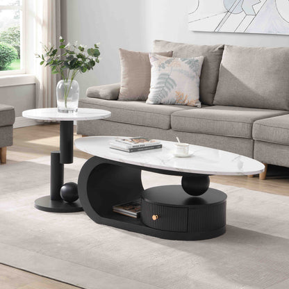 Modern Nesting Coffee Table Set of 2 End Table for Living Room, Oval and Round Table Set image 1