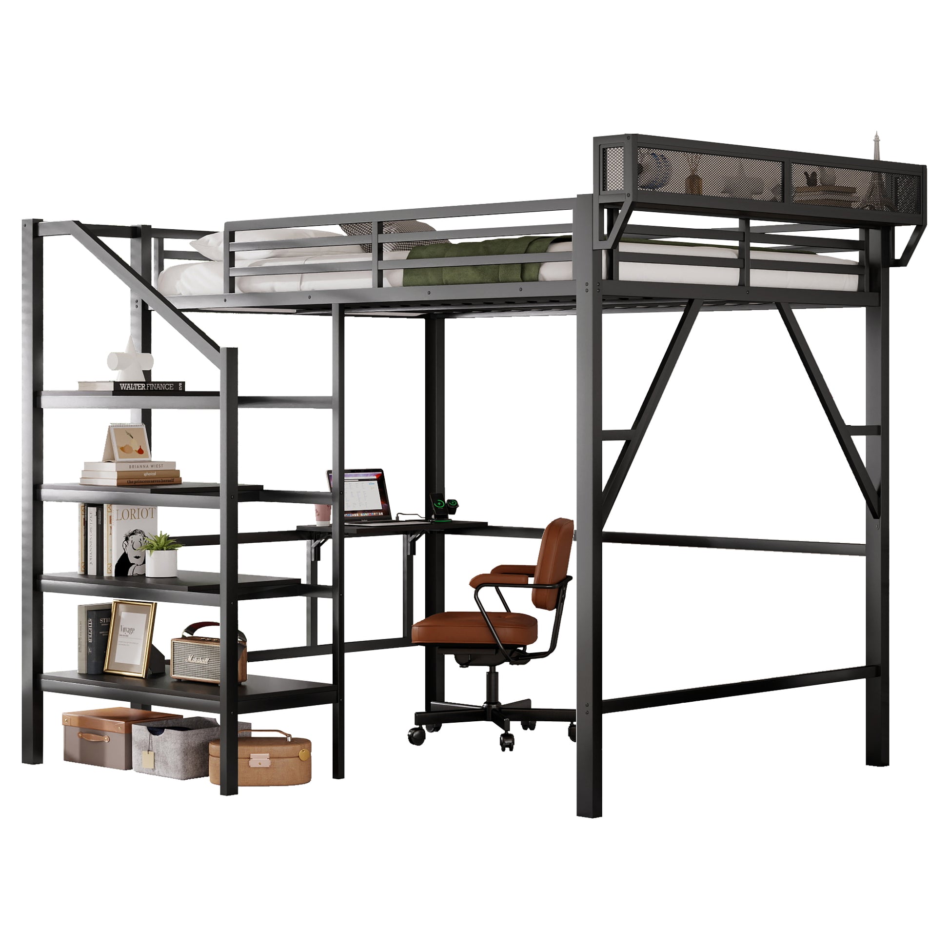 Queen Size Loft Bed with Foldable Desk and Charging Station,Metal Queen Loft Bed with Light Strip and Staircase Storage for Kids Teens Adults, Patent Products,Black(Expect Arrival Date 2026/4/10) image 11