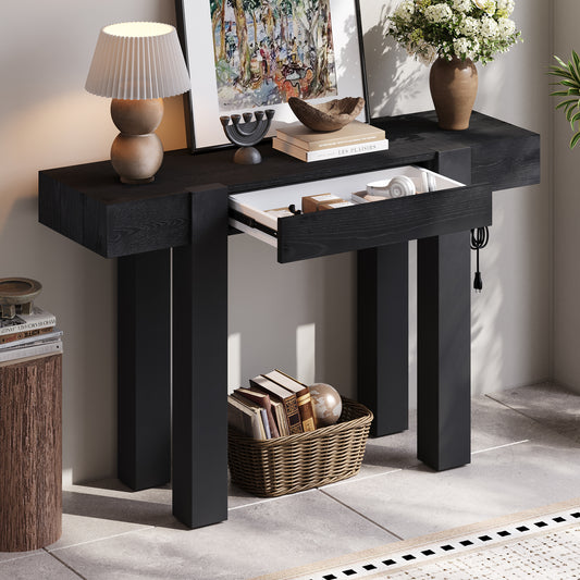 TREXM Rustic Minimalist Console Table with Hidden Drawer, Side Power Outlet,Wood Entryway Table for Entryways, Living Rooms and Home Offices(Black) image 1
