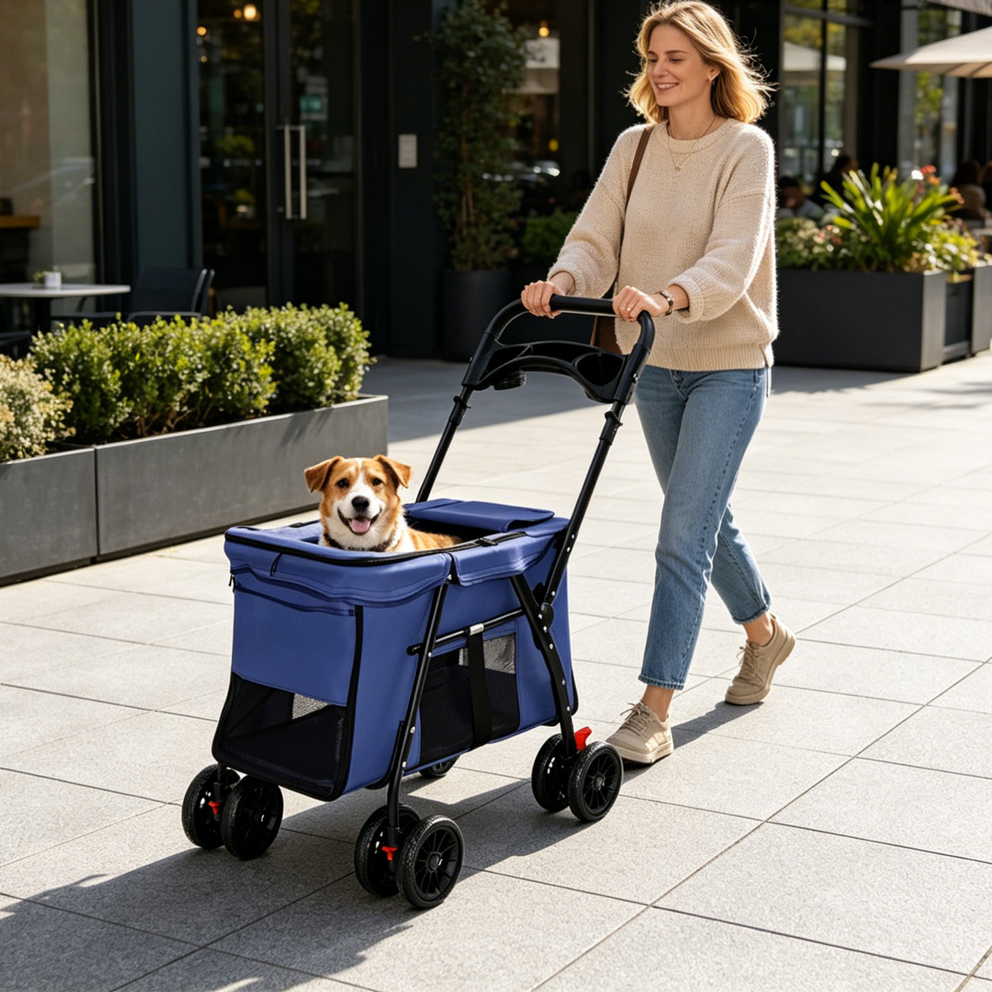 Pet Stroller, Foldable 4-Wheel Design, Breathable Mesh Dog Cat Stroller with Shockproof Wheels, Brake System, Storage Tray, 2 Fixed Safety Leashes, Large Space for Small Medium Pets, Navy Blue image 10