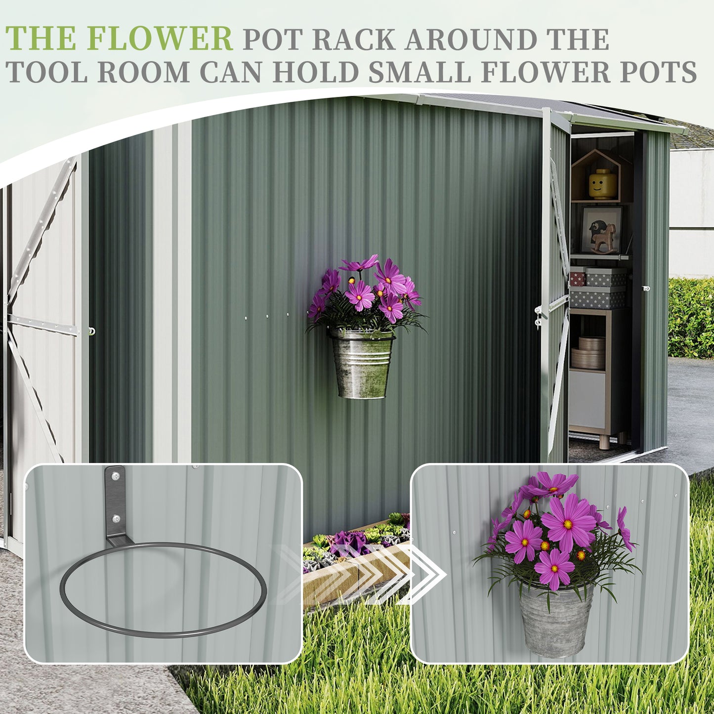 10x12 FT Outdoor Metal Storage Shed, Large Storage Sheds with Sturdy Frame Structure, Metal Garden Tool Shed with Lockable Door for Garden,Gift a foldable flower pot stand, Backyard, WHITE image 2