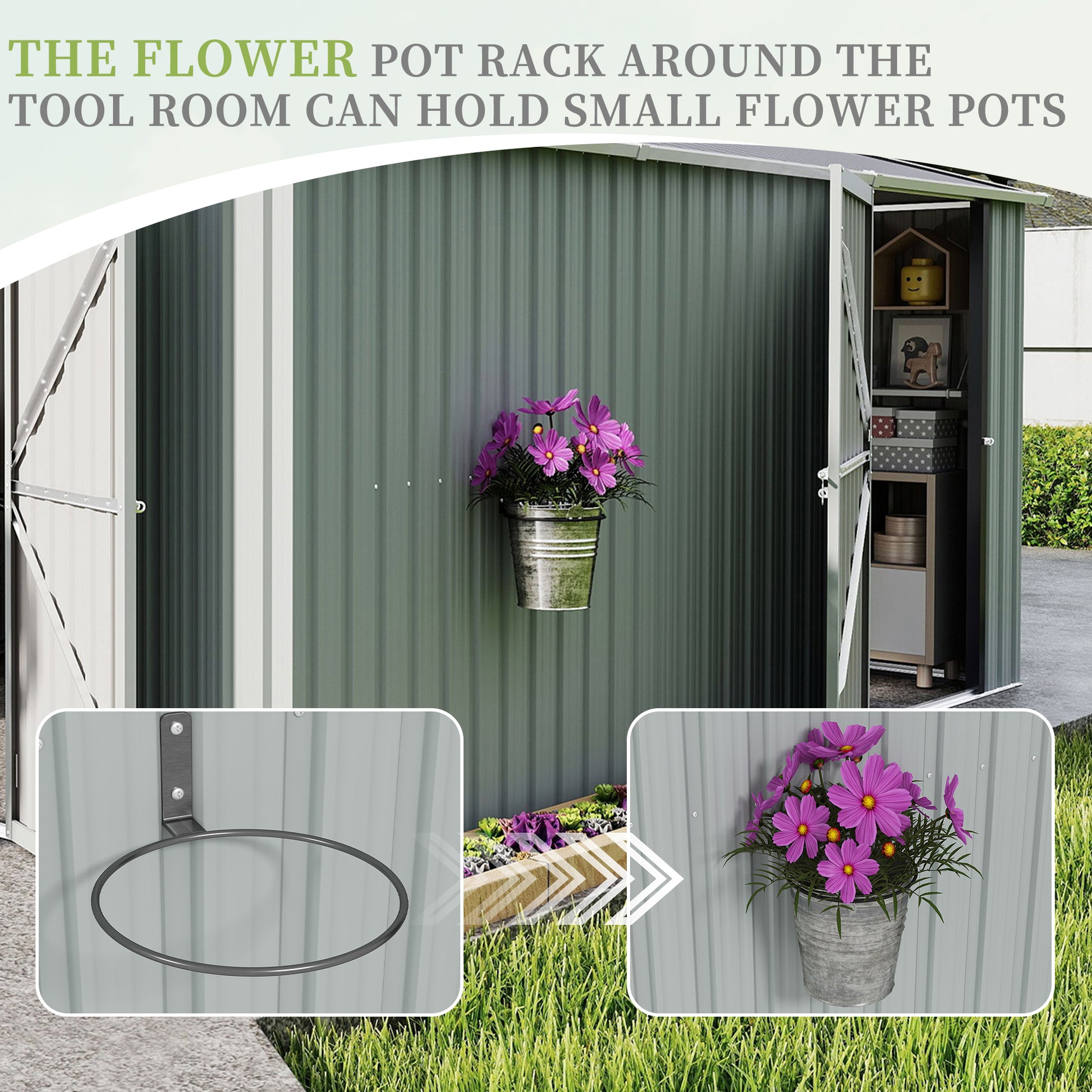10x12 FT Outdoor Metal Storage Shed, Large Storage Sheds with Sturdy Frame Structure, Metal Garden Tool Shed with Lockable Door for Garden,Gift a foldable flower pot stand, Backyard, WHITE image 2