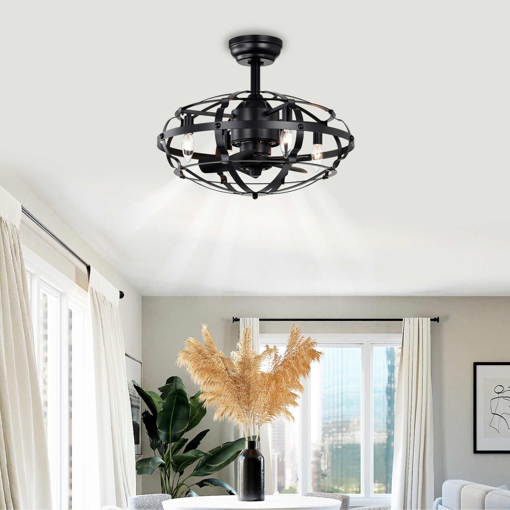 20.63 INCH Caged Ceiling Fan with Lights For Farmhouse, Bedroom Living Room bedroom--NOT Included Bulbs--Matte Black image 4