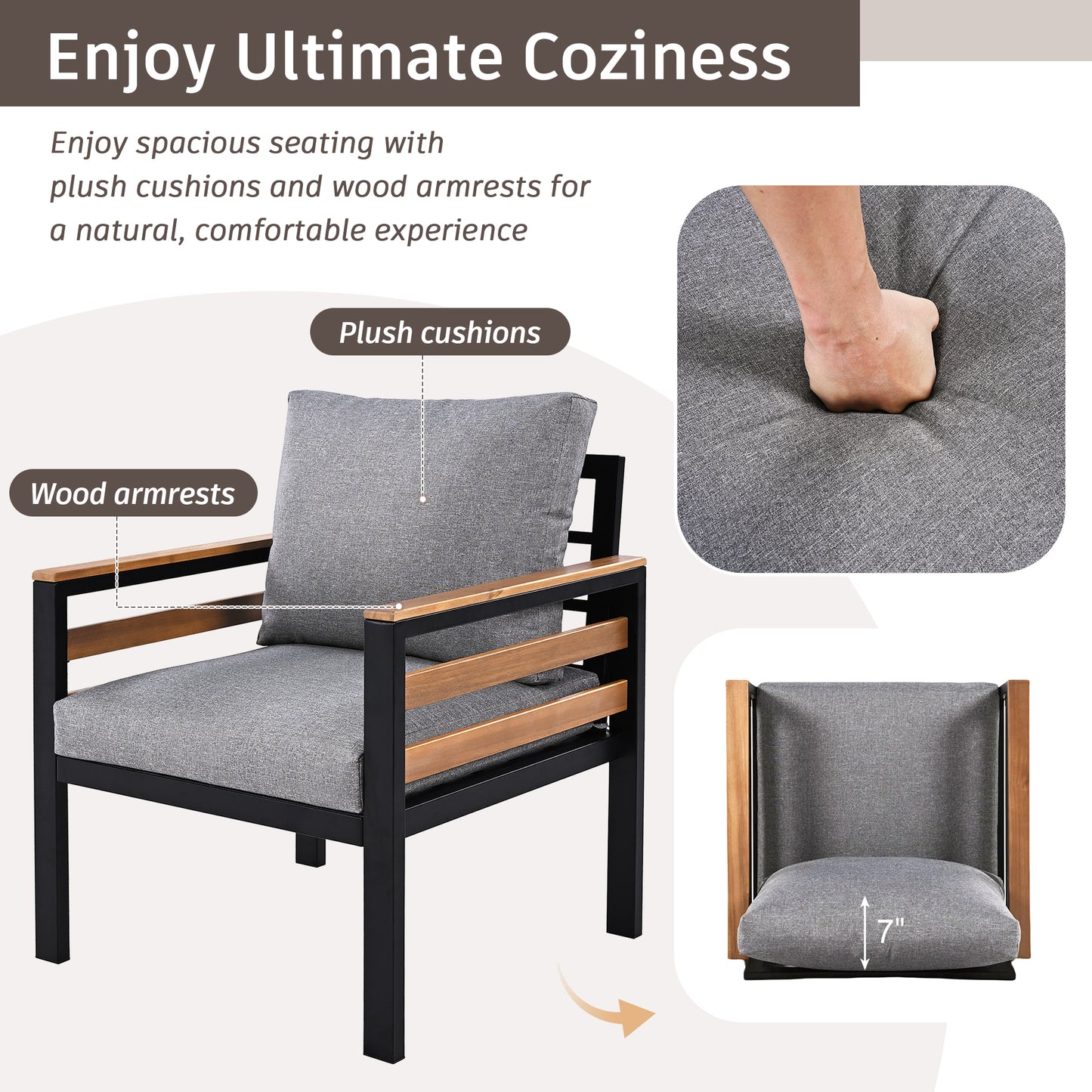 <Old SKU: N704G201246E> GO 4-Piece Outdoor Furniture Sofa Set for 5 People with Acacia Wood Armrests, Patio Conversation Set with Removable Cushion and Solid Wood Coffee Table for Garden, Grey image 5