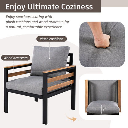 <Old SKU: N704G201246E> GO 4-Piece Outdoor Furniture Sofa Set for 5 People with Acacia Wood Armrests, Patio Conversation Set with Removable Cushion and Solid Wood Coffee Table for Garden, Grey image 5