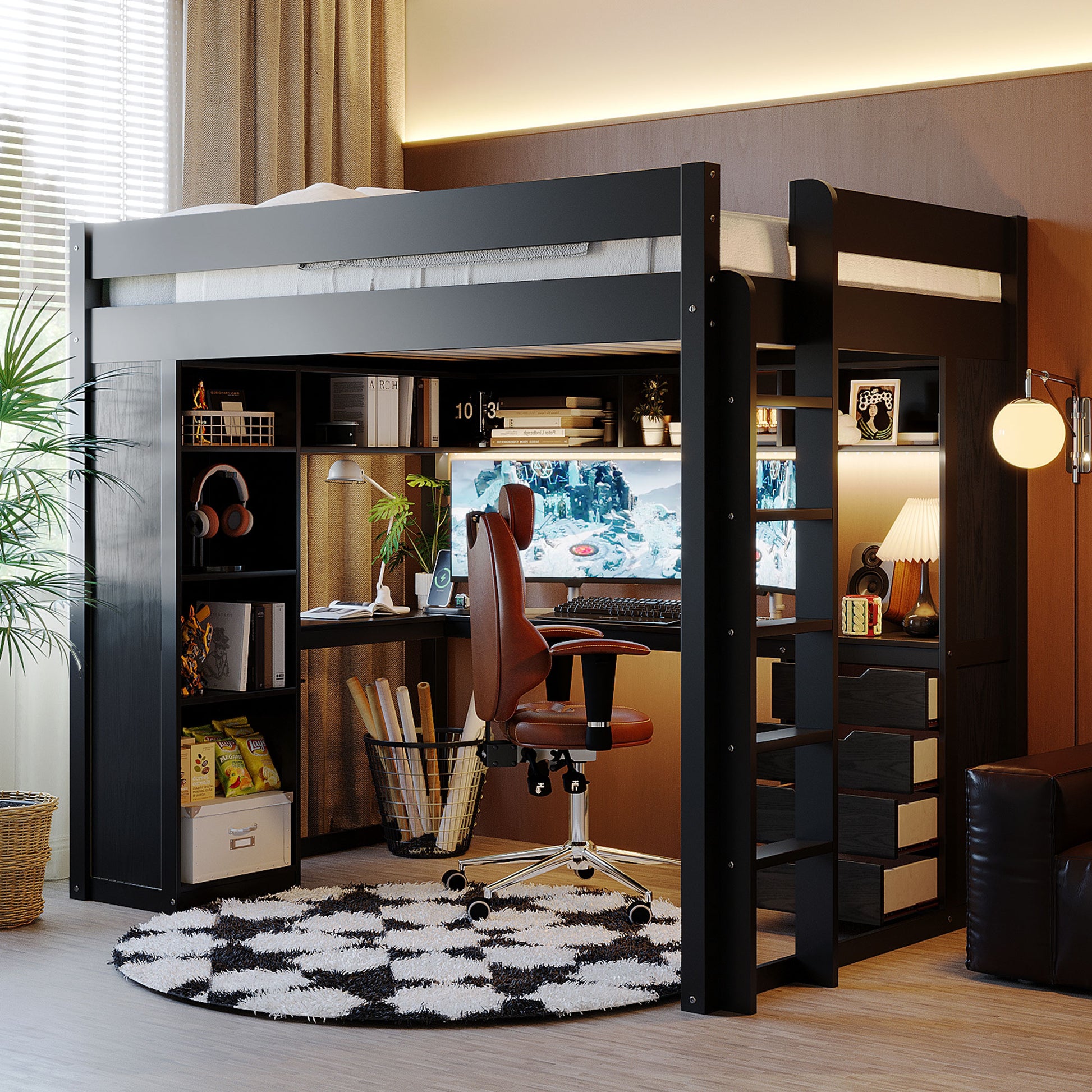 Full Size Solid Wood Loft Bed with L-Shaped Desk and 4 Drawers, Ash Veneer High Loft Bed with Smart APP Control LED Light Strip, USB Charging Ports and 4-Tier Open Shelves, Black image 1