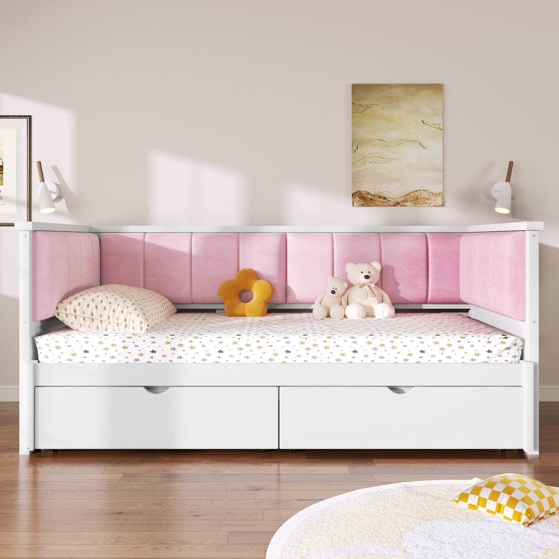 Twin XL to King Size Daybed with Two Storage Drawers and Upholstered Backrest, White+Pink image 3