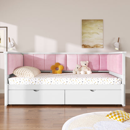 Twin XL to King Size Daybed with Two Storage Drawers and Upholstered Backrest, White+Pink image 3