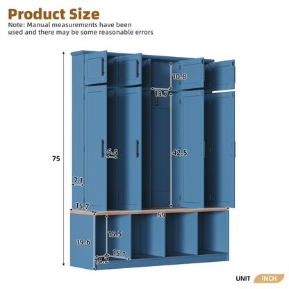 Farmhouse Hall Tree with 4 Hidden Hanging Hooks, Versatile Walnut Seating Bench with 8 Doors, Entryway Shoe Cabinet with Open Compartment for Living Room, Blue (OLD SKU:N721S000059C) image 7